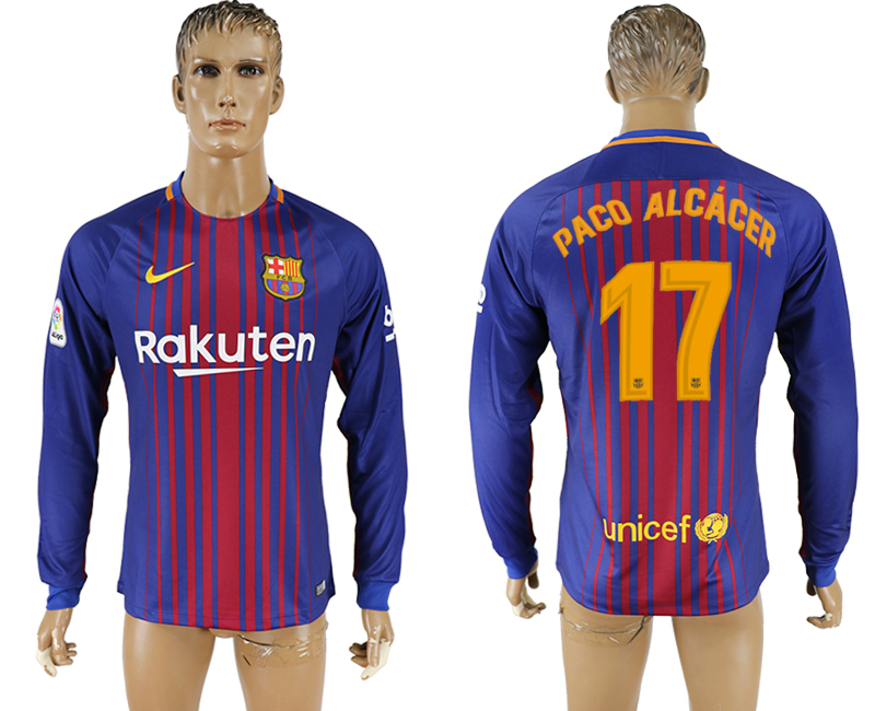 2017-18 Barcelona 17 PACO ALCACER Home Long Sleeve Thailand Soccer Jersey
