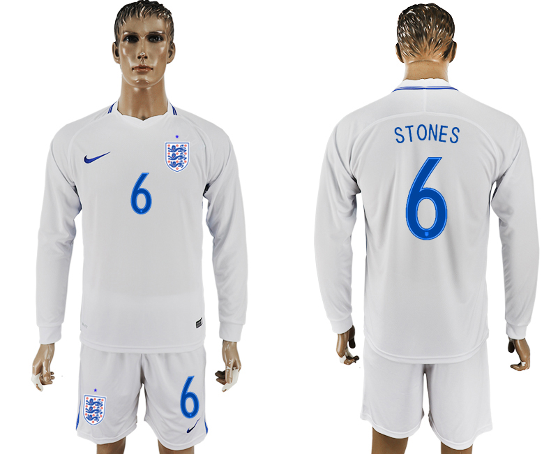 England 6 STONES Goalkeeper Home 2018 FIFA World Cup Long Sleeve Soccer Jersey
