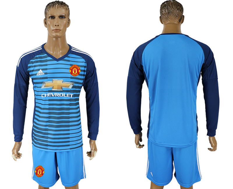 2017-18 Manchester United Lake Blue Goalkeeper Long Sleeve Soccer Jersey