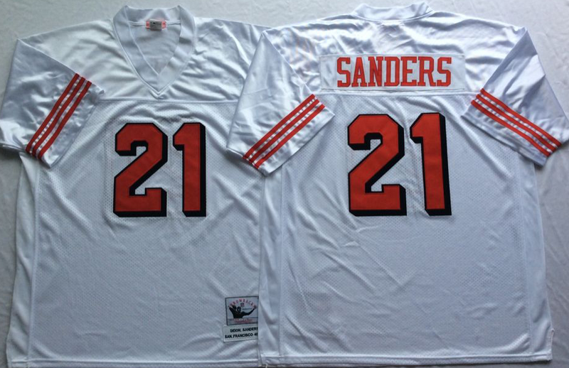 49ers 21 Deion Sanders White Vintage M&N Jersey