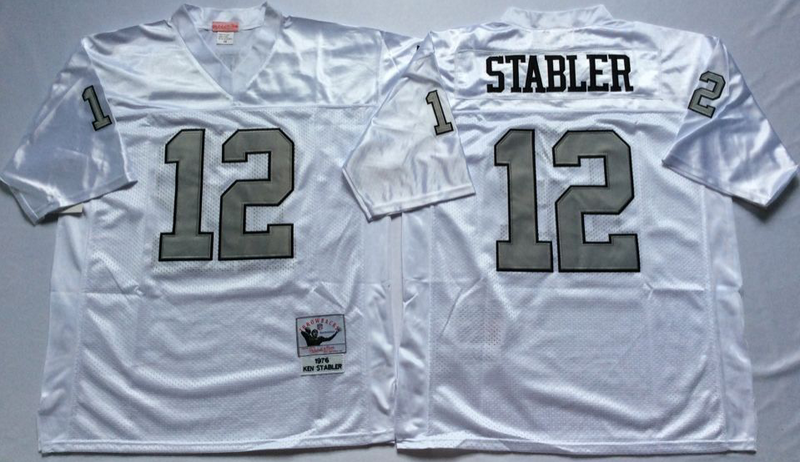Raiders 12 Ken Stabler White Silver M&N Throwback Jersey