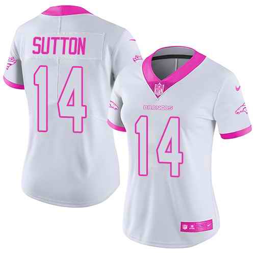 Nike Broncos 14 Courtland Sutton White Pink Women Rush Limited Jersey
