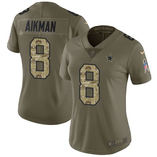Nike Cowboys 8 Troy Aikman Olive Camo Women Salute To Service Limited Jersey
