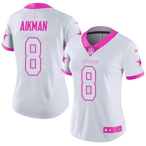 Nike Cowboys 8 Troy Aikman White Pink Fashion Women Rush Limited Jersey