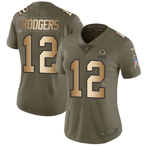 Nike Packers 12 Aaron Rodgers Olive Gold Women Salute To Service Limited Jersey