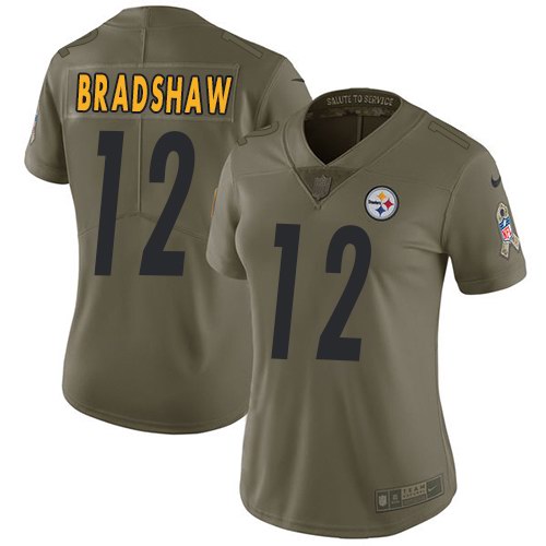 Nike Steelers 12 Terry Bradshaw Olive Women Salute To Service Limited Jersey