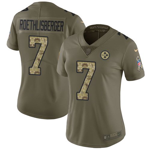 Nike Steelers 7 Ben Roethlisberger Olive Camo Women Salute To Service Limited Jersey