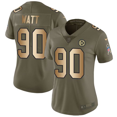 Nike Steelers 90 T.J. Watt Olive Gold Women Salute To Service Limited Jersey