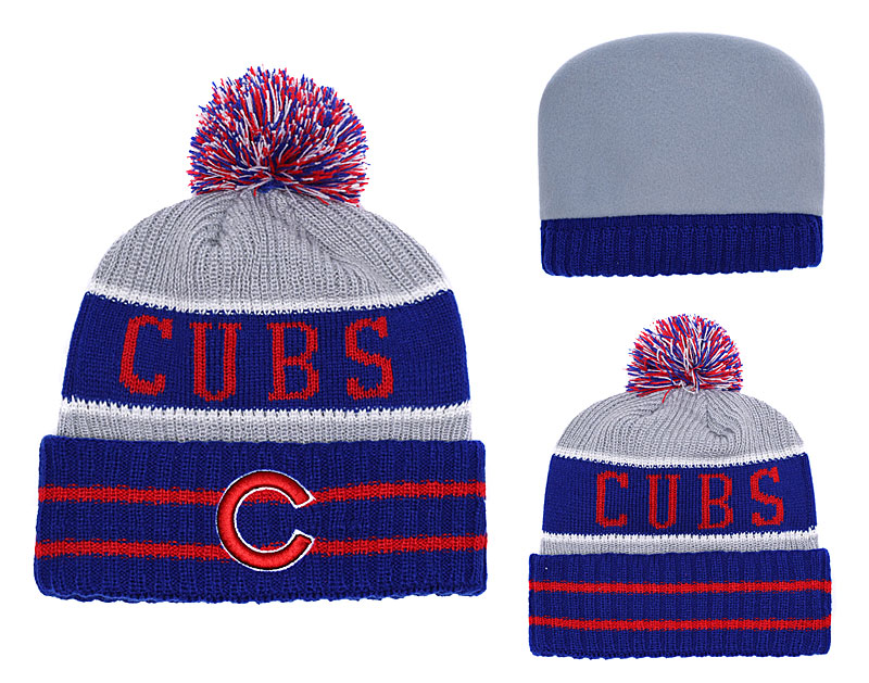 Cubs Royal Banner Block Cuffed Knit Hat With Pom YD