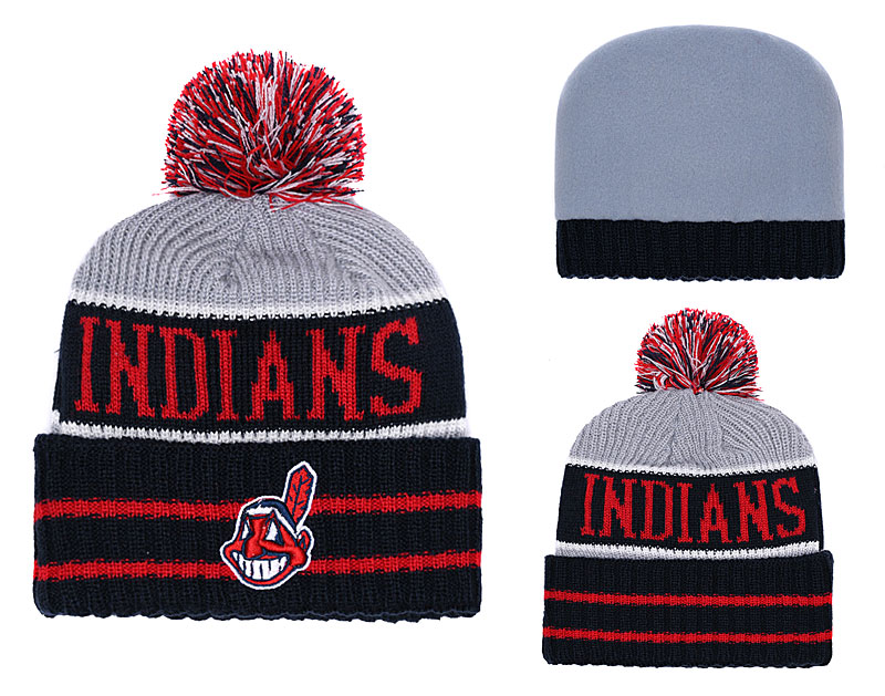 Indians Black Banner Block Cuffed Knit Hat With Pom YD