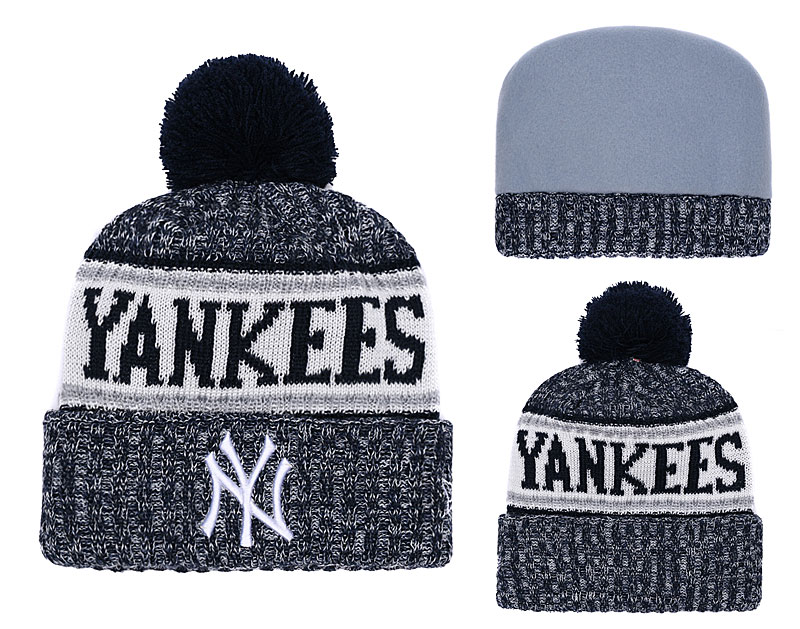 Yankees Gray Banner Block Cuffed Knit Hat With Pom YD
