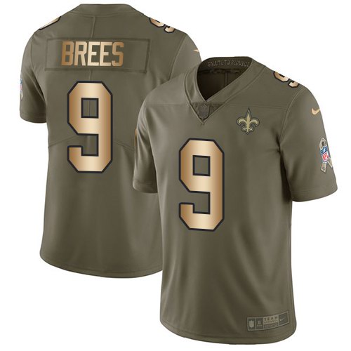Nike Saints 9 Drew Brees Olive Gold Salute To Service Limited Jersey