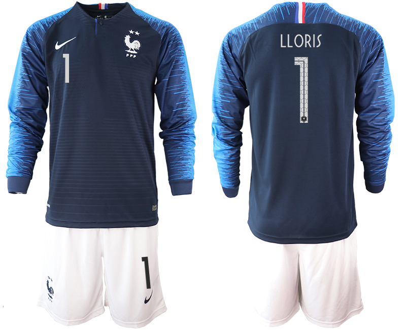 France 1 LLORIS 2-Star Home Long Sleeve 2018 FIFA World Cup Soccer Jersey