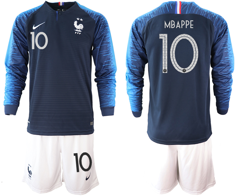 France 10 MBAPPE 2-Star Home Long Sleeve 2018 FIFA World Cup Soccer Jersey