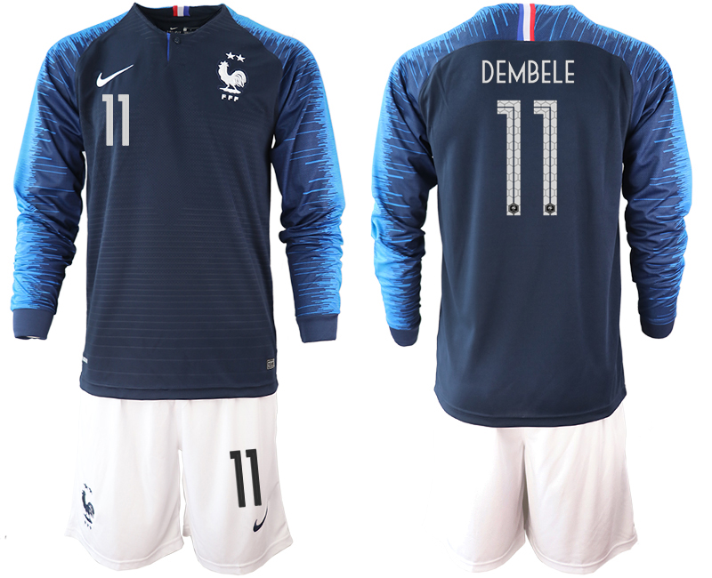 France 11 DEMBELE 2-Star Home Long Sleeve 2018 FIFA World Cup Soccer Jersey