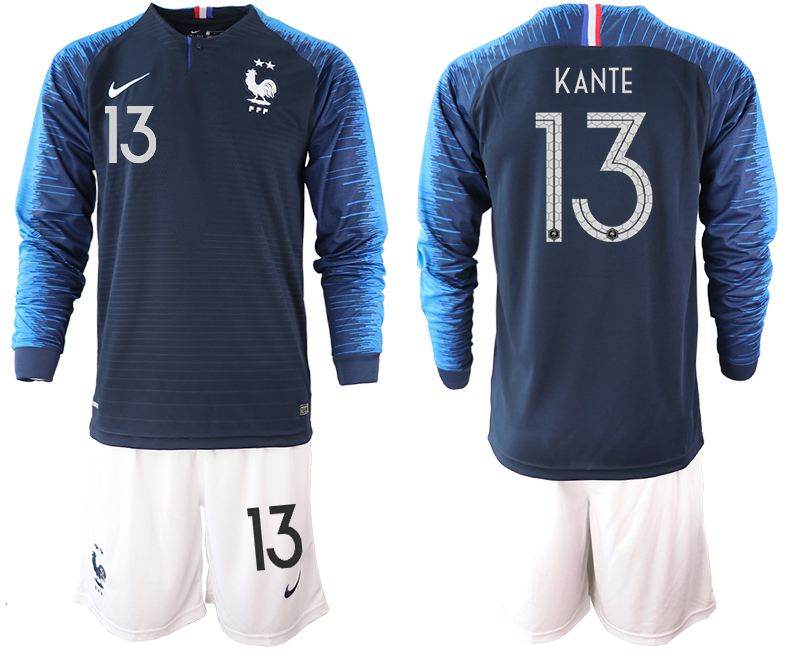France 13 KANTE 2-Star Home Long Sleeve 2018 FIFA World Cup Soccer Jersey