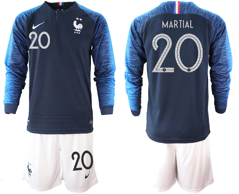 France 20 MARTIAL 2-Star Home Long Sleeve 2018 FIFA World Cup Soccer Jersey