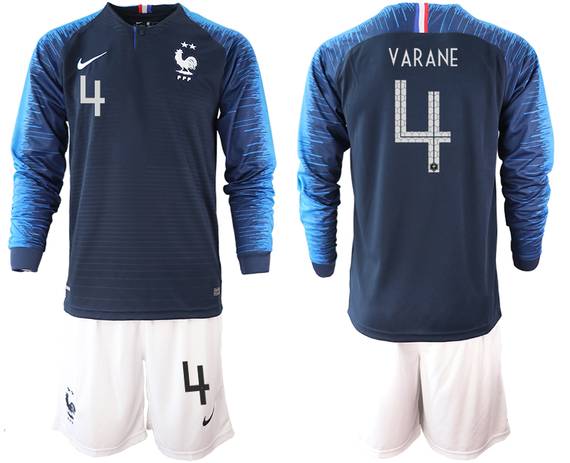 France 4 VARANE 2-Star Home Long Sleeve 2018 FIFA World Cup Soccer Jersey