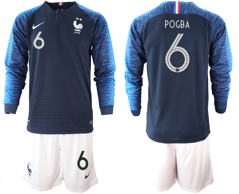 France 6 POGBA 2-Star Home Long Sleeve 2018 FIFA World Cup Soccer Jersey