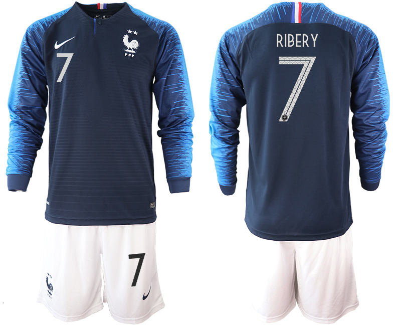 France 7 RIBERY 2-Star Home Long Sleeve 2018 FIFA World Cup Soccer Jersey