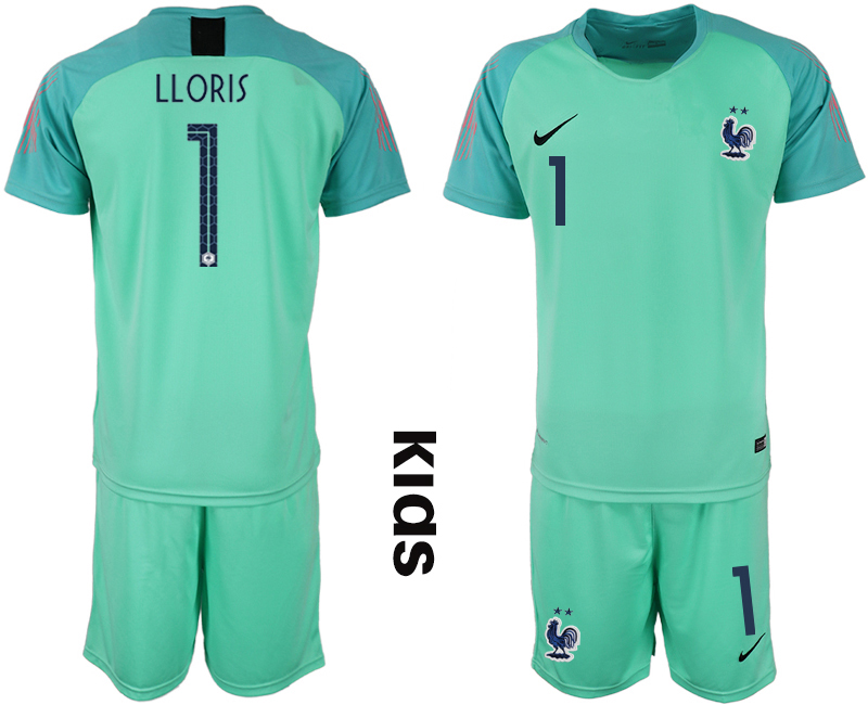 France 1 LLORIS Green 2-Star Youth 2018 FIFA World Cup Goalkeeper Soccer Jersey