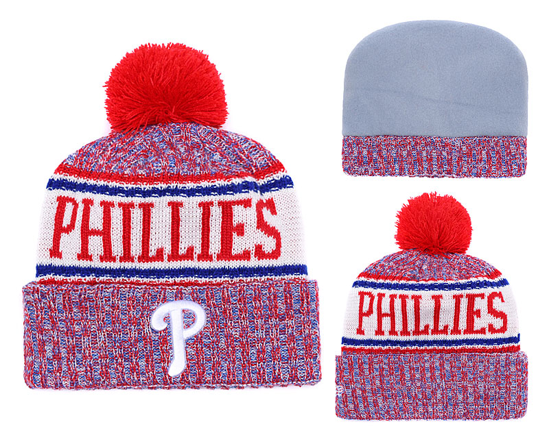 Phillies Team Logo Red Pom Knit Hat YD