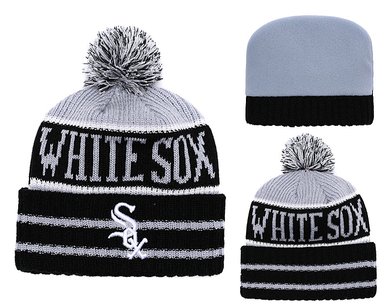 White Sox Team Logo Black Pom Knit Hat YD