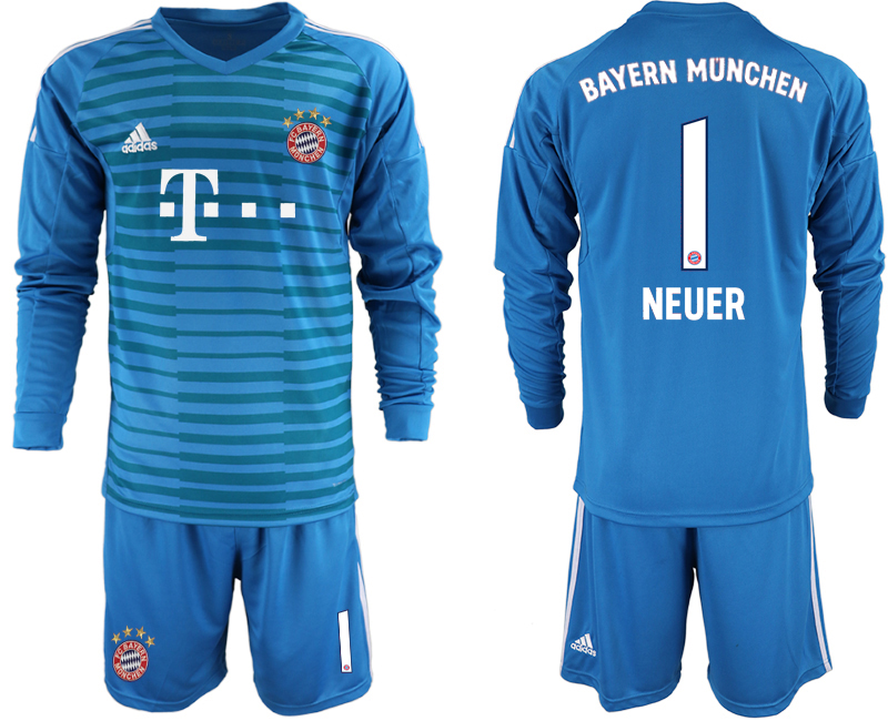 2018-19 Bayern Munich 1 NEUER Blue Long Sleeve Goalkeeper Soccer Jersey