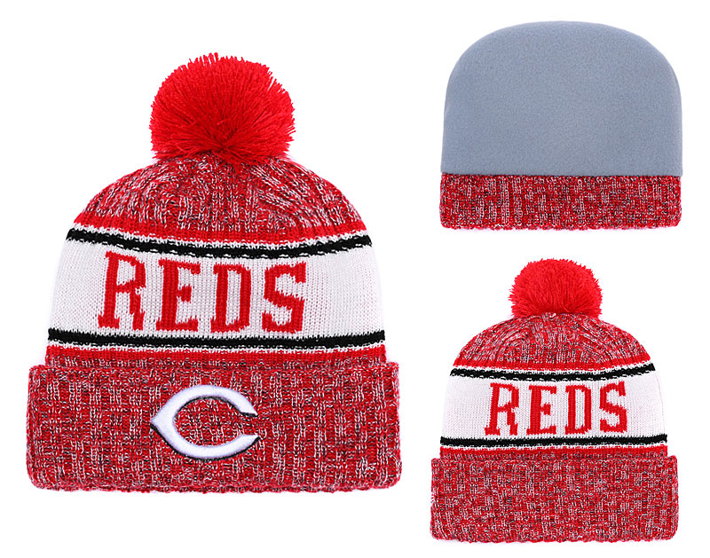 Reds Team Logo Red Pom Knit Hat
