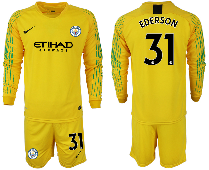 2018-19 Manchester City 31 EDERSON Yellow Long Sleeve Goalkeeper Soccer Jersey