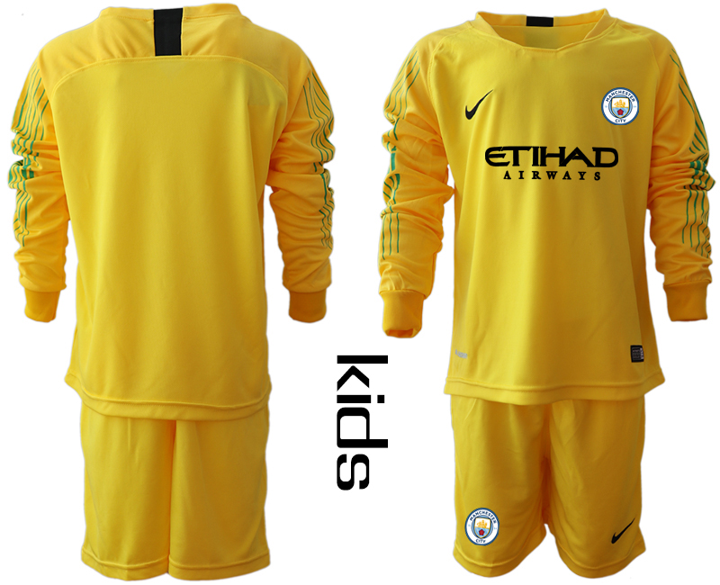 2018-19 Manchester City Yellow Youth Long Sleeve Goalkeeper Soccer Jersey