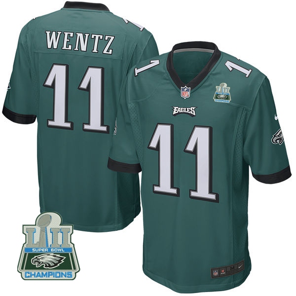 Nike Eagles 11 Carson Wentz Green Youth 2018 Super Bowl Champions Game Jersey
