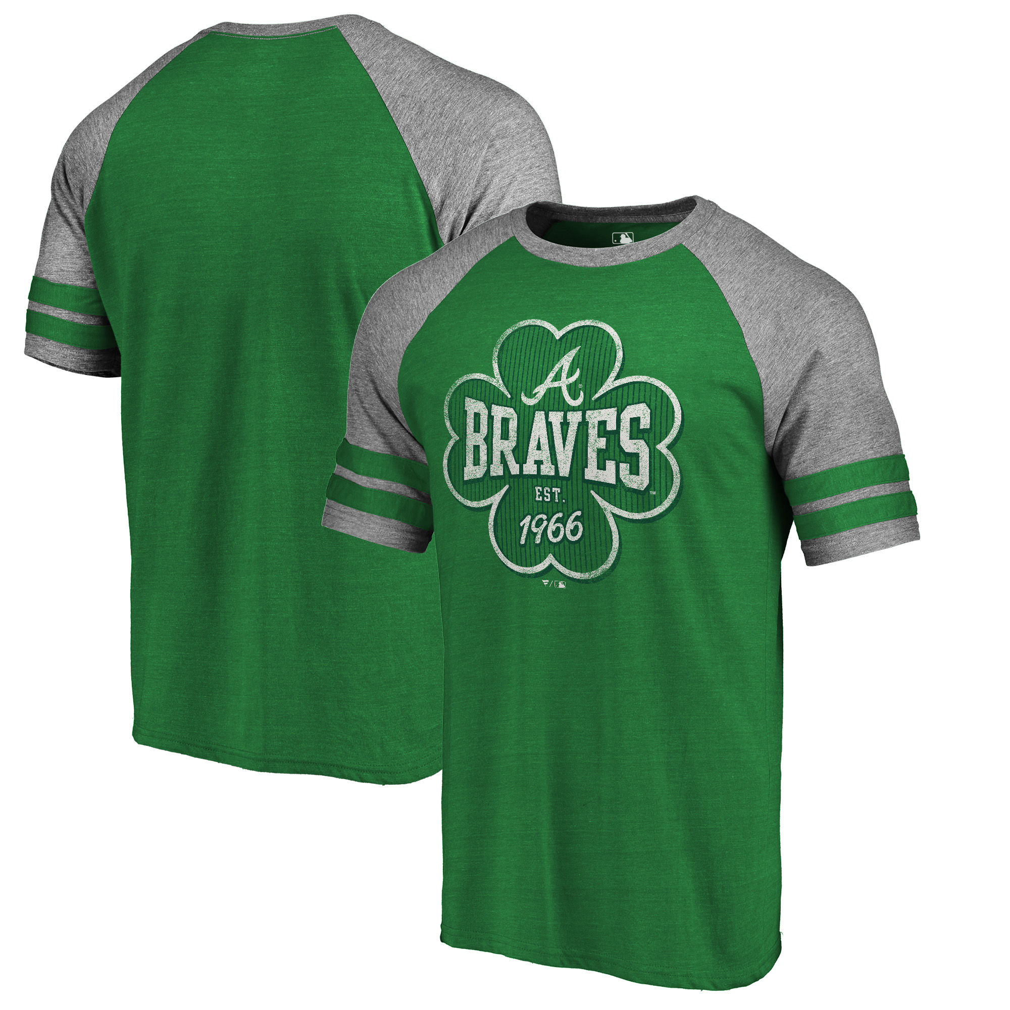 Atlanta Braves Fanatics Branded 2018 St. Patrick's Day Emerald Isle Refresh Raglan 2 Stripe Tri Blend T-Shirt Kelly Green