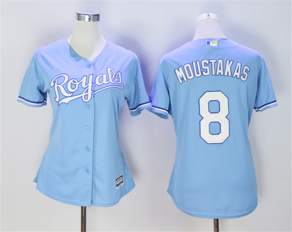 Royals 8 Mike Moustakas Light Blue Women Cool Base Jersey