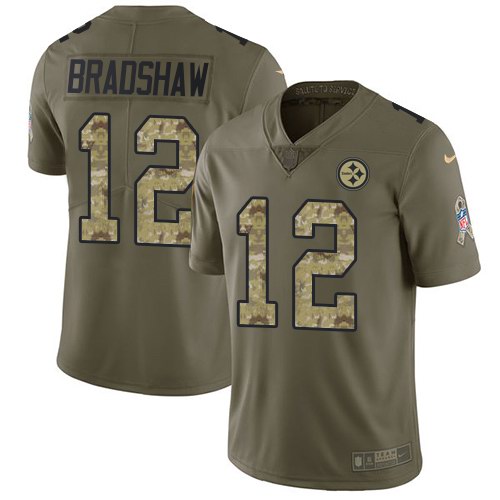 Nike Steelers 12 Terry Bradshaw Olive Camo Salute To Service Limited Jersey