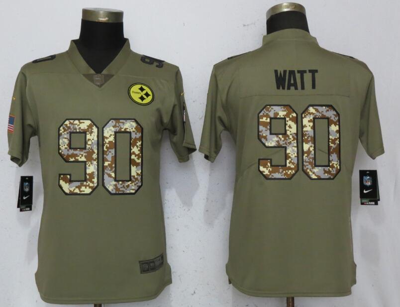 Nike Steelers 90 T.J. Watt Olive Camo Women Salute To Service Limited Jersey