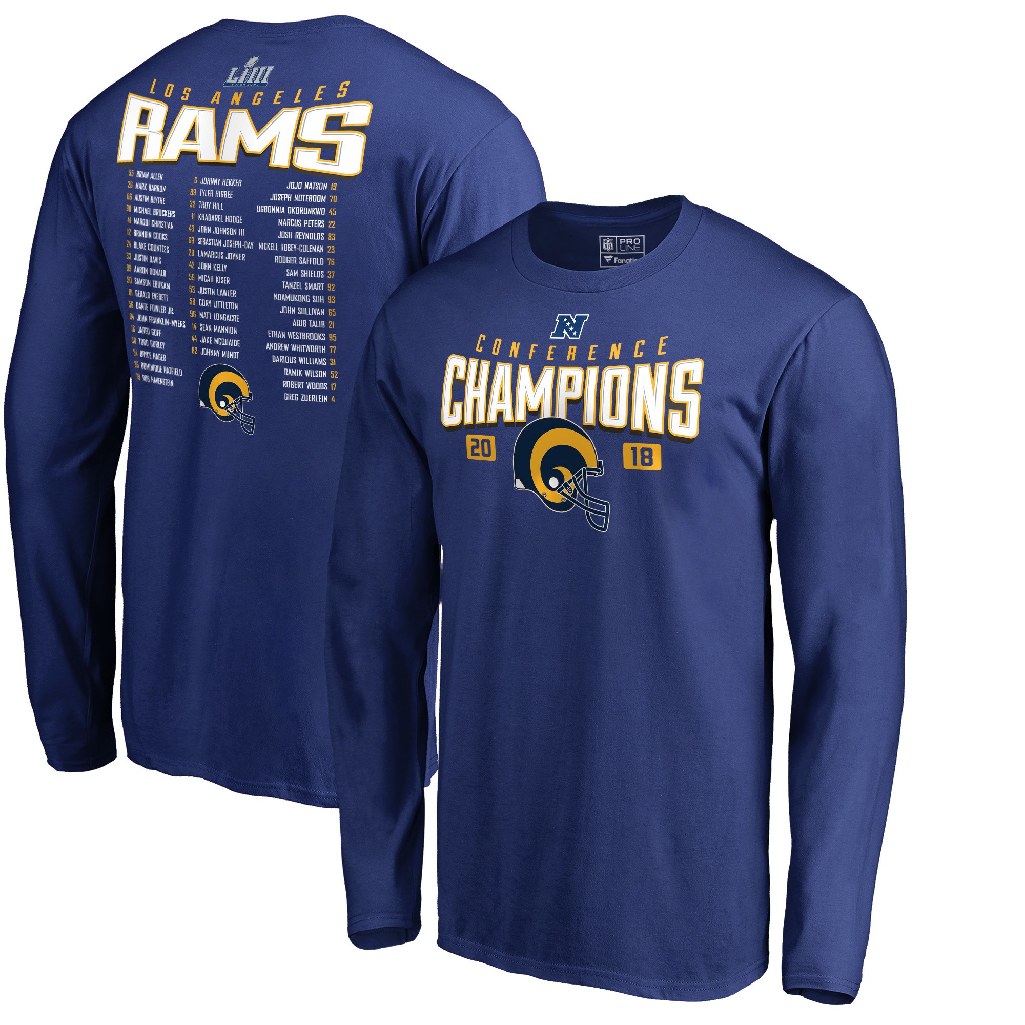 Los Angeles Rams NFL Pro Line by Fanatics Branded 2018 NFC Champions Free Safety Roster Long Sleeve T-Shirt Royal