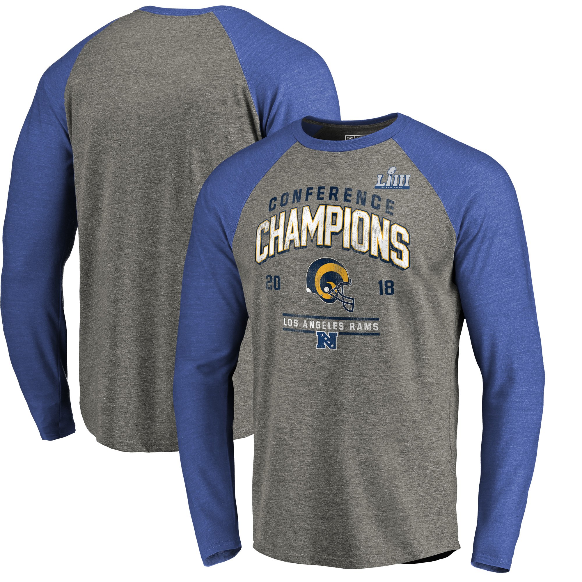 Los Angeles Rams NFL Pro Line by Fanatics Branded 2018 NFC Champions Halfback Sweep Raglan Long Sleeve T-Shirt Heather Gray