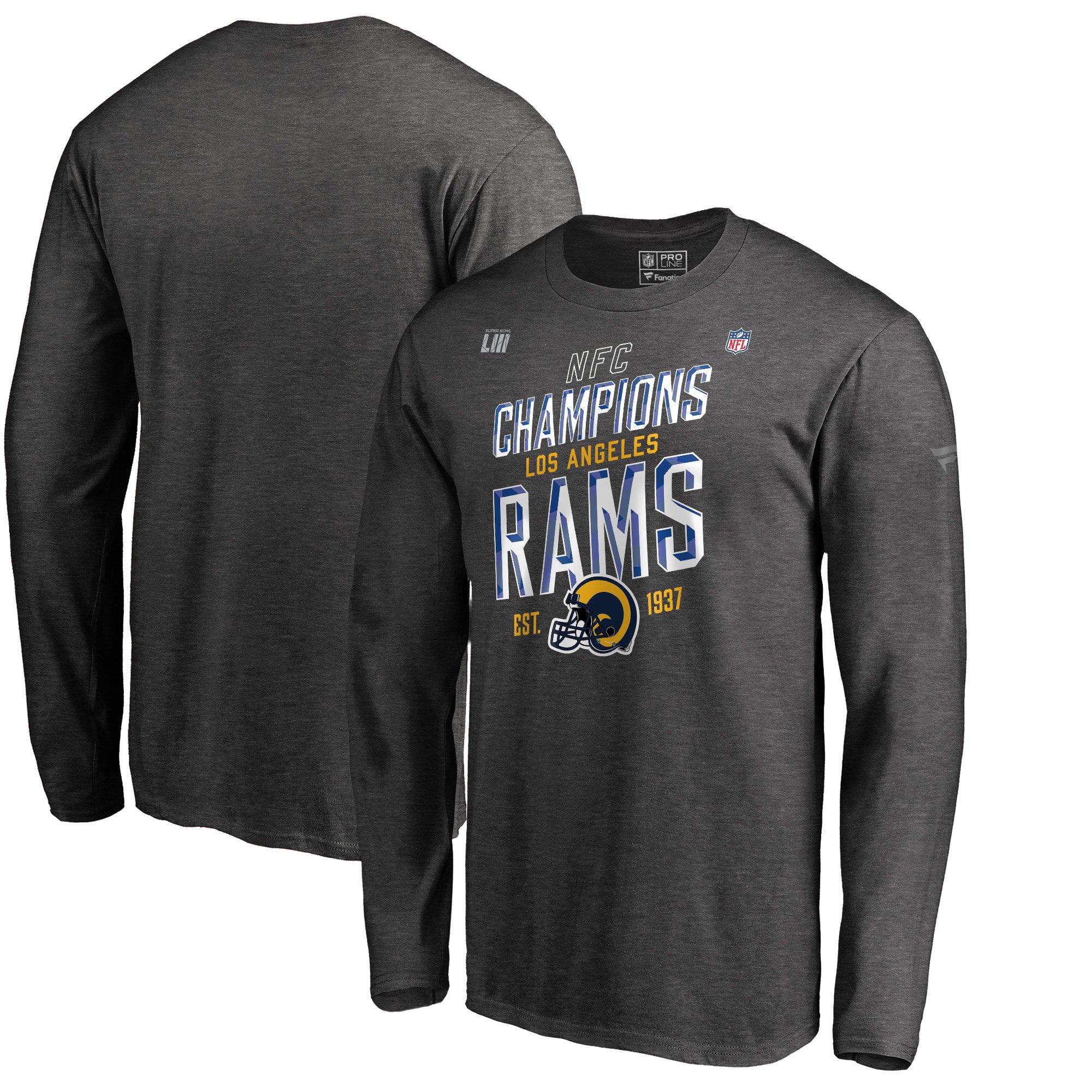 Los Angeles Rams NFL Pro Line by Fanatics Branded 2018 NFC Champions Trophy Collection Locker Room Big & Tall Long Sleeve T-Shirt Heather Charcoal