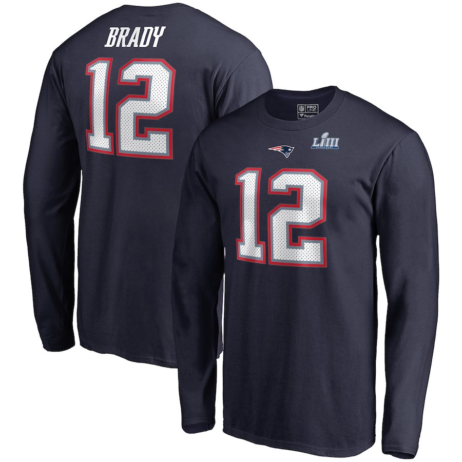 New England Patriots 12 Tom Brady NFL Pro Line by Fanatics Branded Super Bowl LIII Bound Eligible Receiver Name & Number Long Sleeve T-Shirt Navy