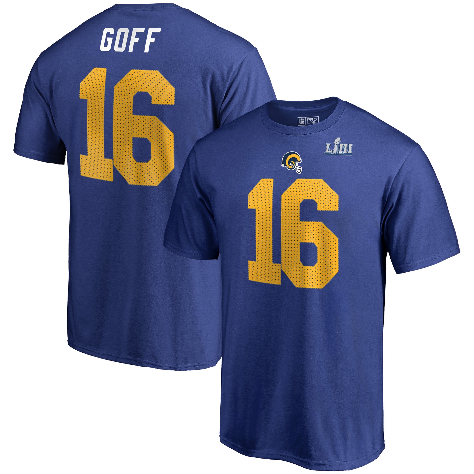 Los Angeles Rams 16 Jared Goff NFL Pro Line by Fanatics Branded Super Bowl LIII Bound Eligible Receiver Name & Number T-Shirt Royal