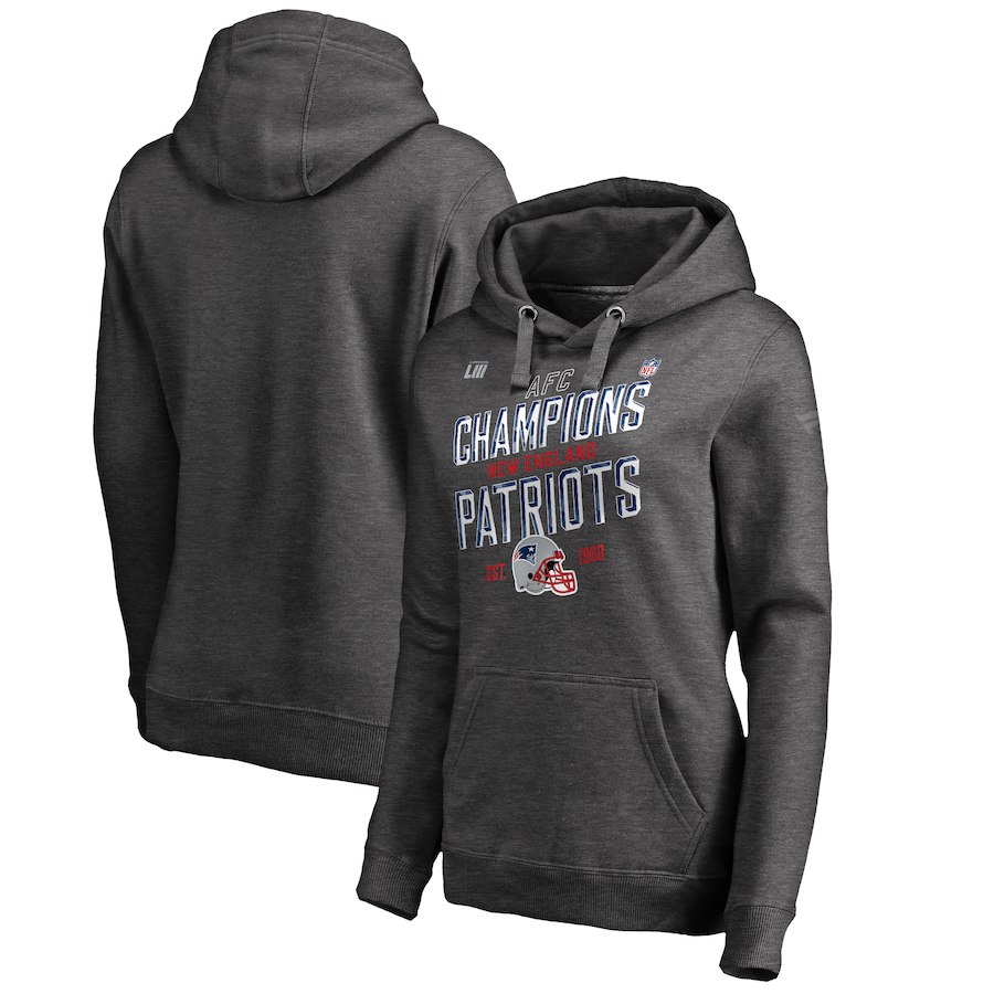 New England Patriots NFL Pro Line by Fanatics Branded Women's 2018 AFC Champions Trophy Collection Locker Room Pullover Hoodie Heather Charcoal
