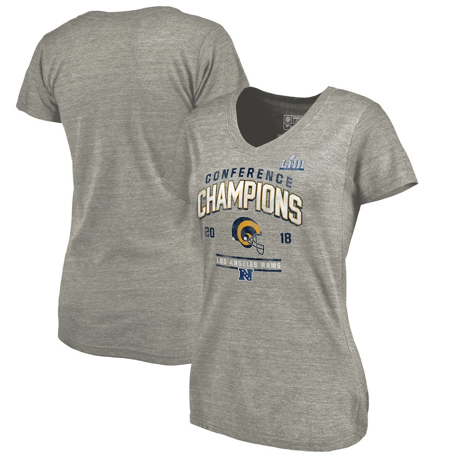 Los Angeles Rams NFL Pro Line by Fanatics Branded Women's 2018 NFC Champions Halfback Sweep V Neck T-Shirt Heather Gray