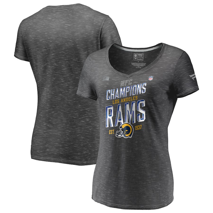 Los Angeles Rams NFL Pro Line by Fanatics Branded Women's 2018 NFC Champions Trophy Collection Locker Room V Neck T-Shirt Graphite