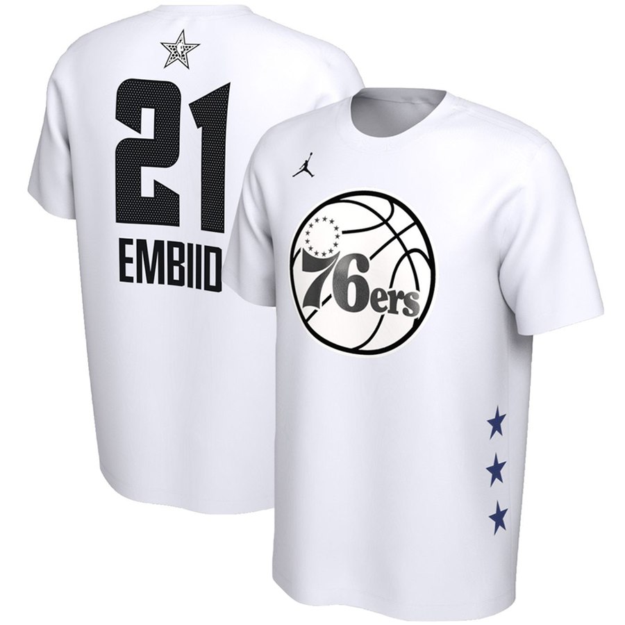 Philadelphia 76ers 21 Joel Embiid Jordan Brand 2019 NBA All-Star Game Name & Number Performance T-Shirt White