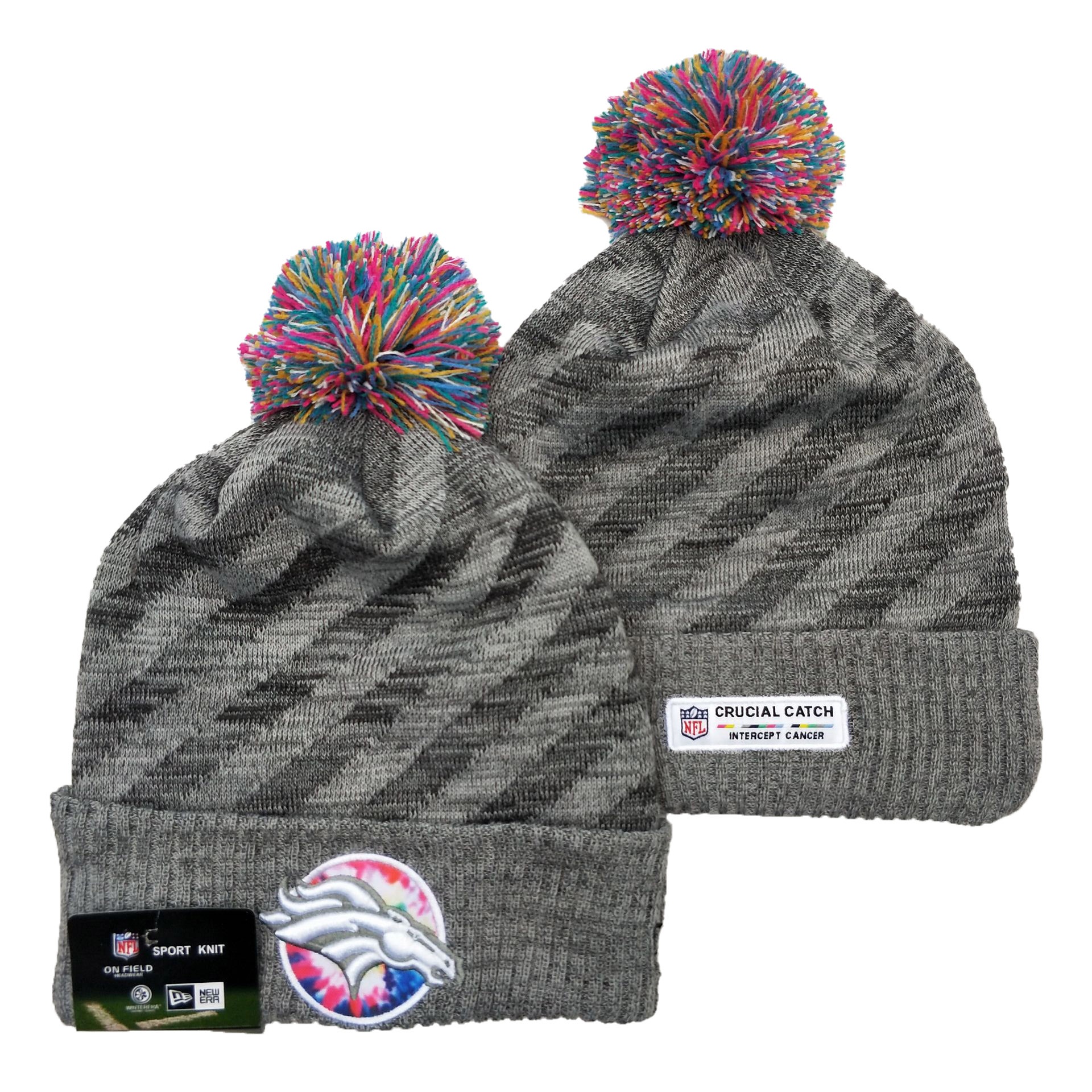 Broncos Team Logo Gray 2020 NFL Crucial Catch Sport Pom Cuffed Knit Hat YD