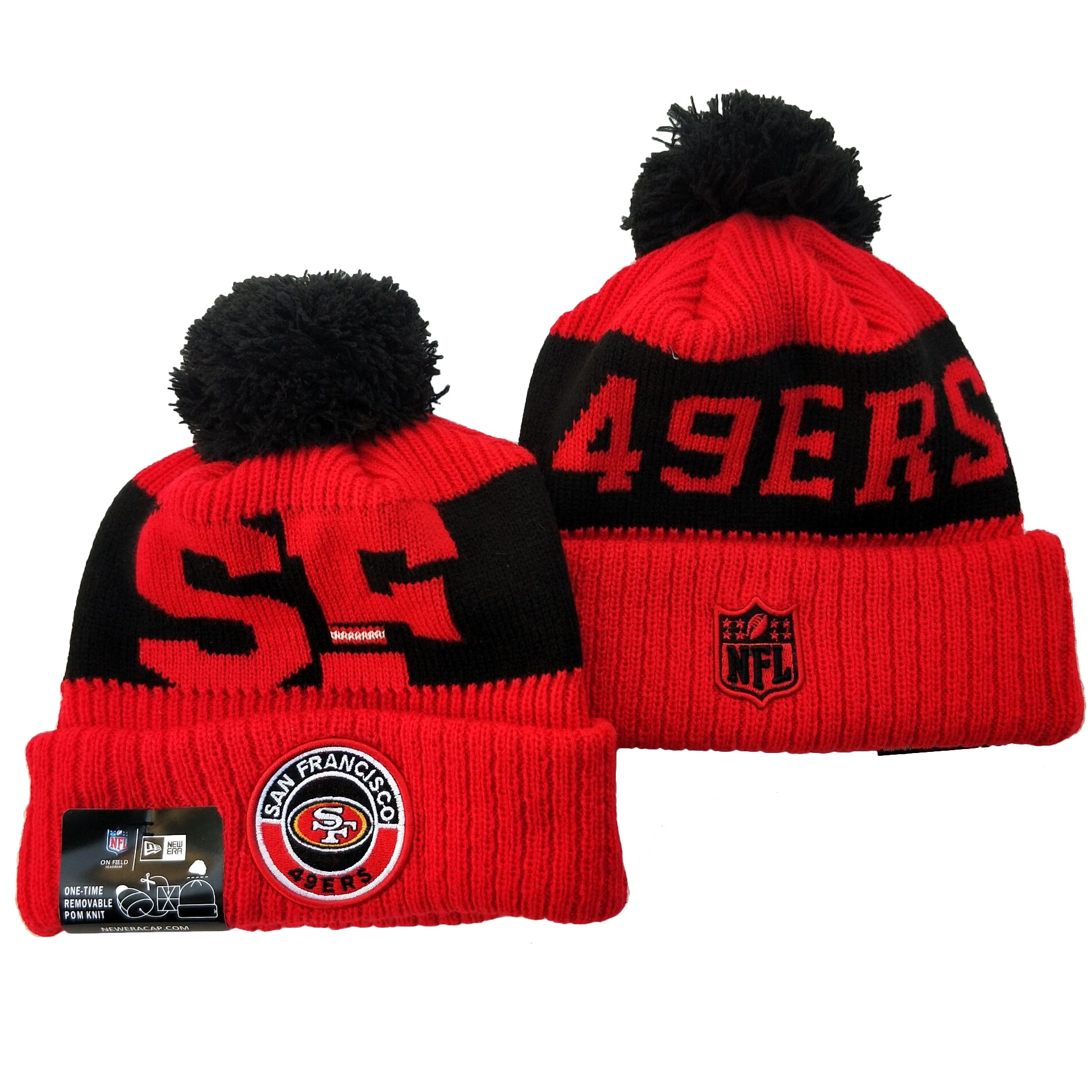 49ers Team Logo Red 2020 NFL Sideline Pom Cuffed Knit Hat YD