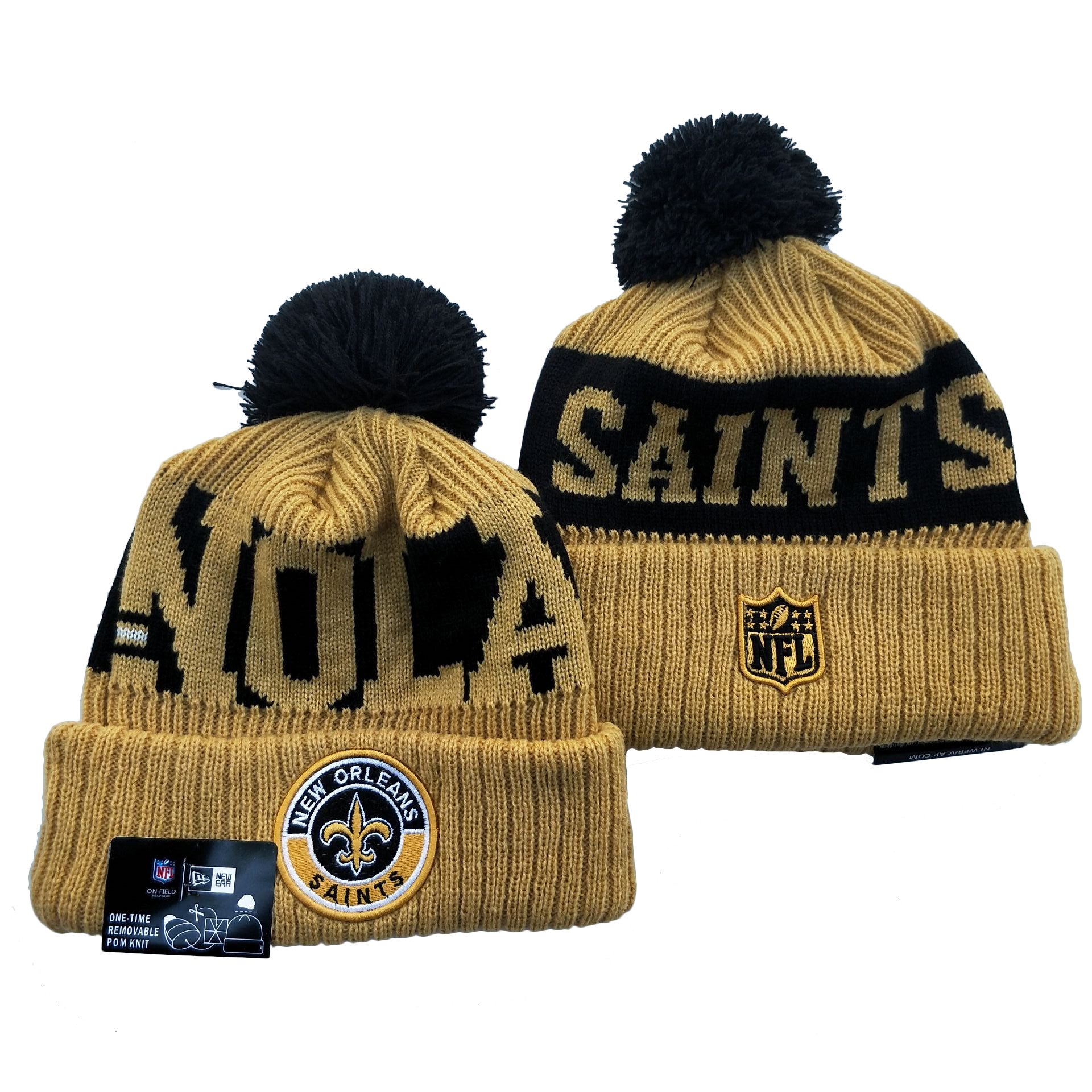Saints Team Logo Cream 2020 NFL Sideline Pom Cuffed Knit Hat YD