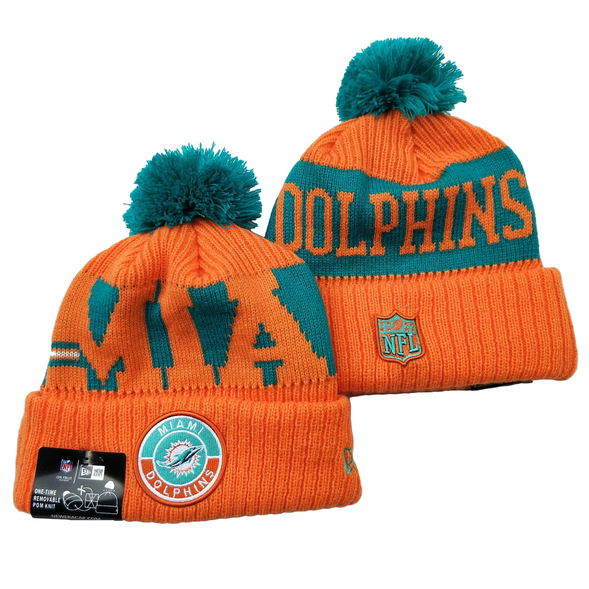 Dolphins Team Logo Orange 2020 NFL Sideline Pom Cuffed Knit Hat YD