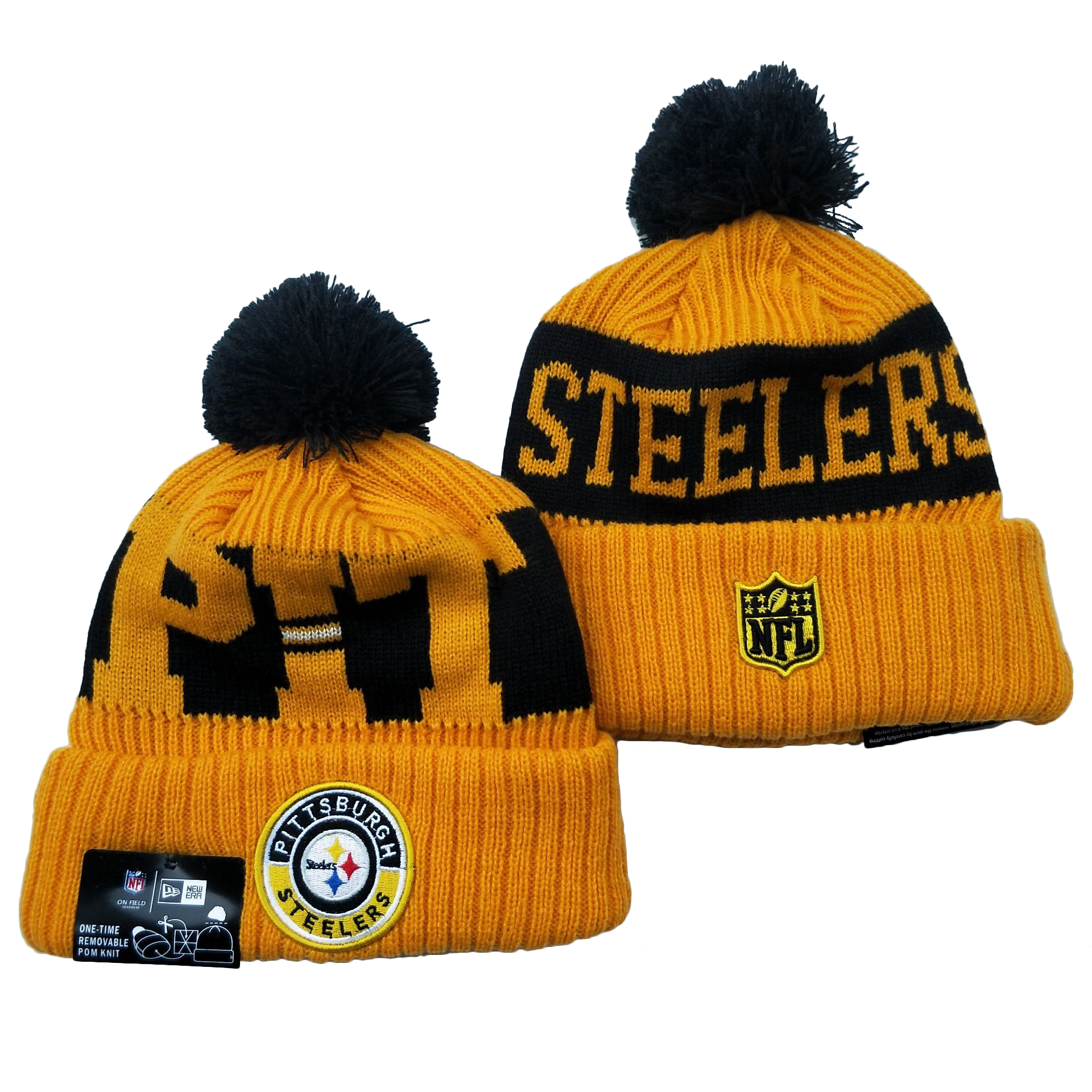 Steelers Team Logo Yellow 2020 NFL Sideline Pom Cuffed Knit Hat YD